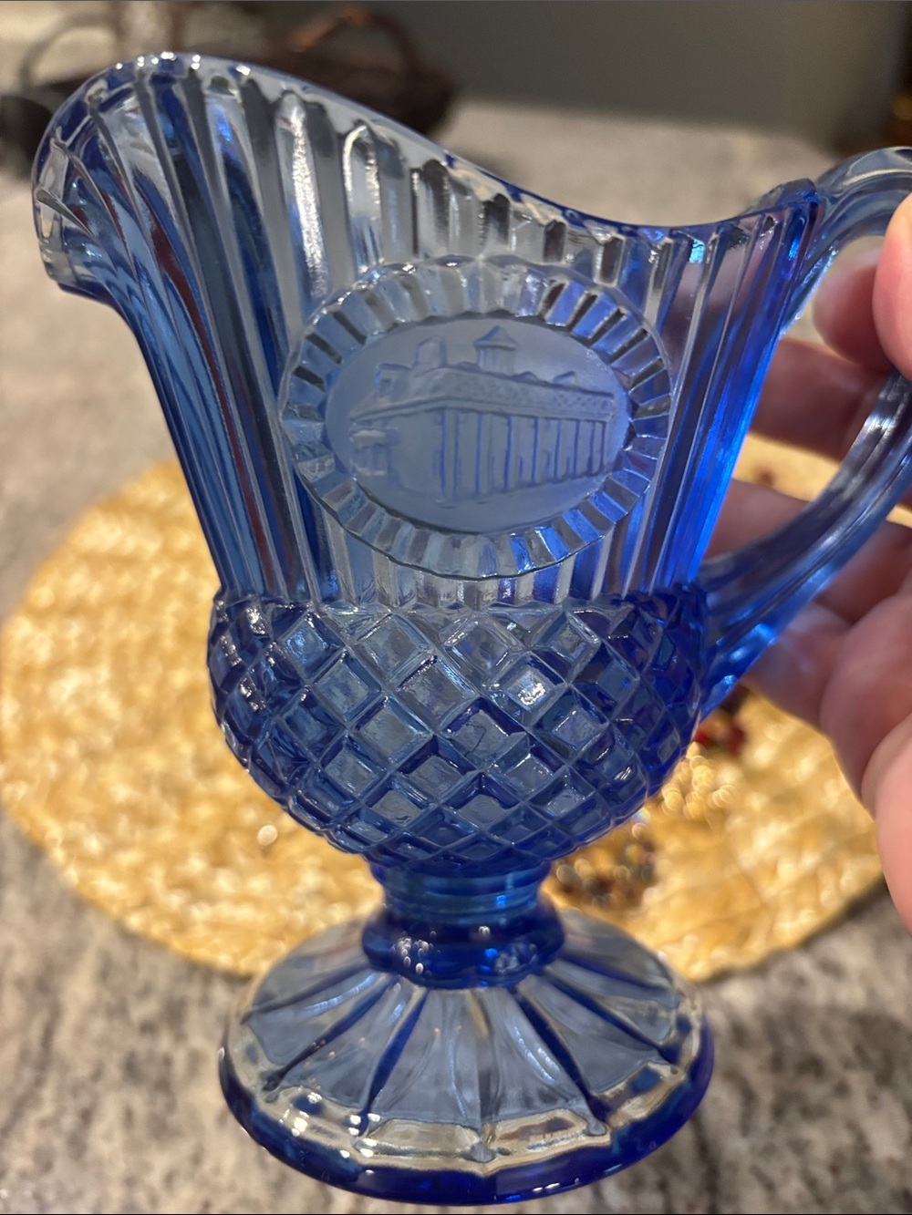 Vintage Colbalt Blue Pressed Glass Pitcher 70s Decorative Home Accent